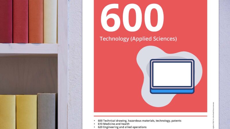 Dewey Decimal System 600 Dewey Decimal System 600 Technology Applied Sciences poster on wall next to book shelf.