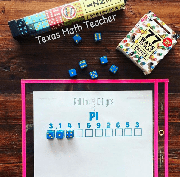 Dice A whiteboard with the word Pi and 10 empty squares written on it next to a package of dice on a table as an example of Pi Day activities