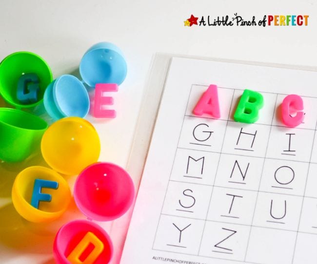 Easter Egg Activities A Little Pinch of Perfect Plastic eggs with letter beads inside, with a printable worksheet for matching the letters