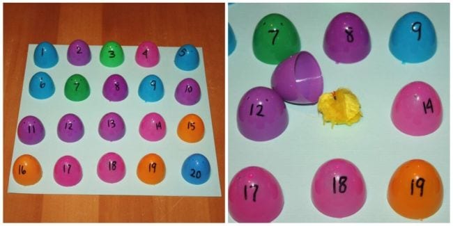 Easter Egg Activities Little Bins for Little Hands Plastic Easter egg halves labled with numbers and laid out in a grid; second photo shows one egg lifted to reveal small toy chick (Easter Egg Activities)