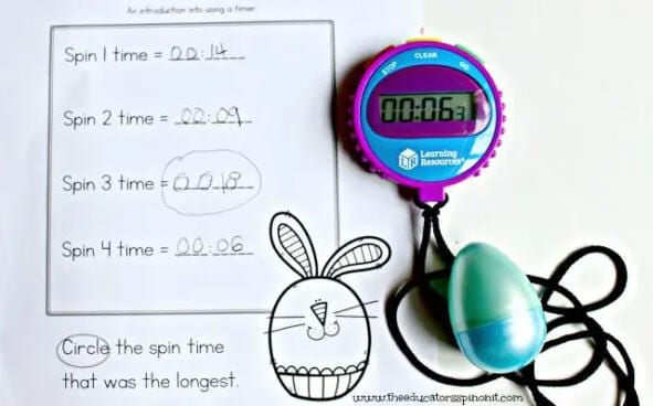 Easter Egg Activities The Educators Spin on It Printable worksheet with a stopwatch and plastic Easter egg