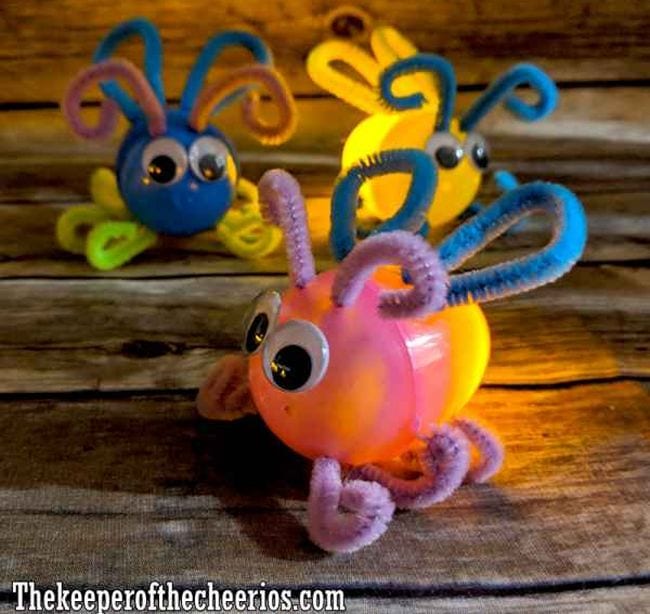 Easter Egg Activities The Keeper of the Cheerios Plastic Eggs turned into lightning bugs with pipe cleaners and wiggly eyes