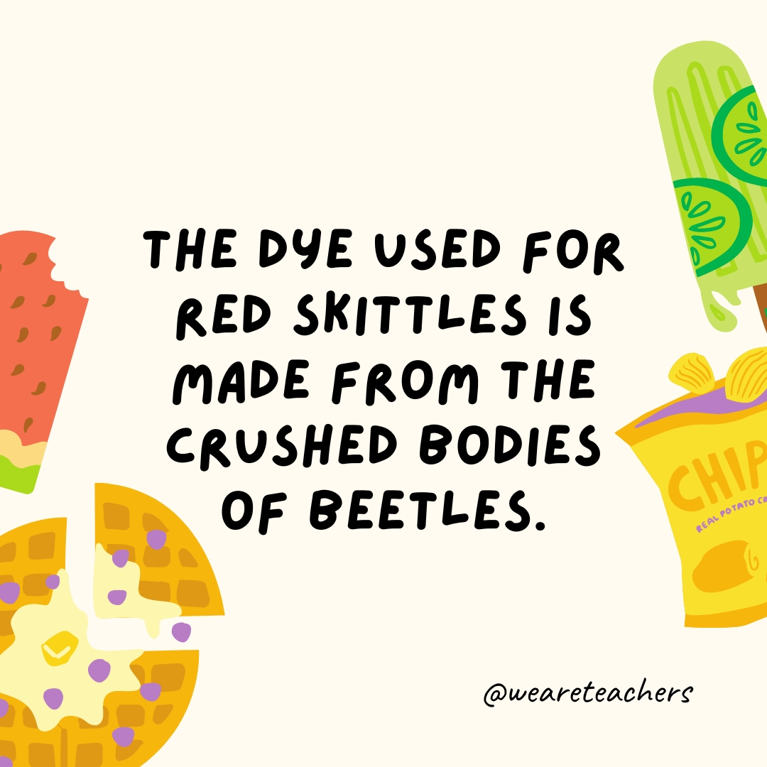 The dye used for red Skittles is made from the crushed bodies of beetles. The dye used for red Skittles is made from the crushed bodies of beetles.