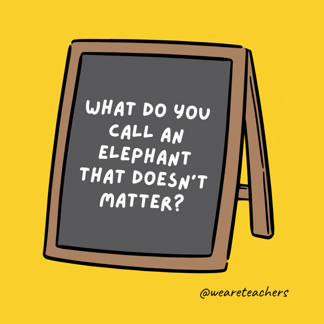 What do you call an elephant that doesn’t matter? Irrelephant. What do you call an elephant that doesn’t matter?
Irrelephant.- jokes for teens