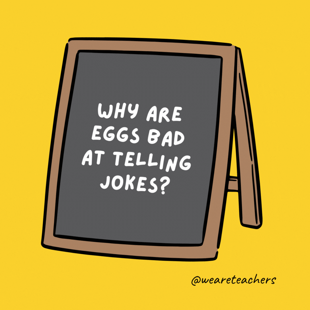 Why are eggs bad at telling jokes? They always crack each other up. Why are eggs bad at telling jokes? They always crack each other up.