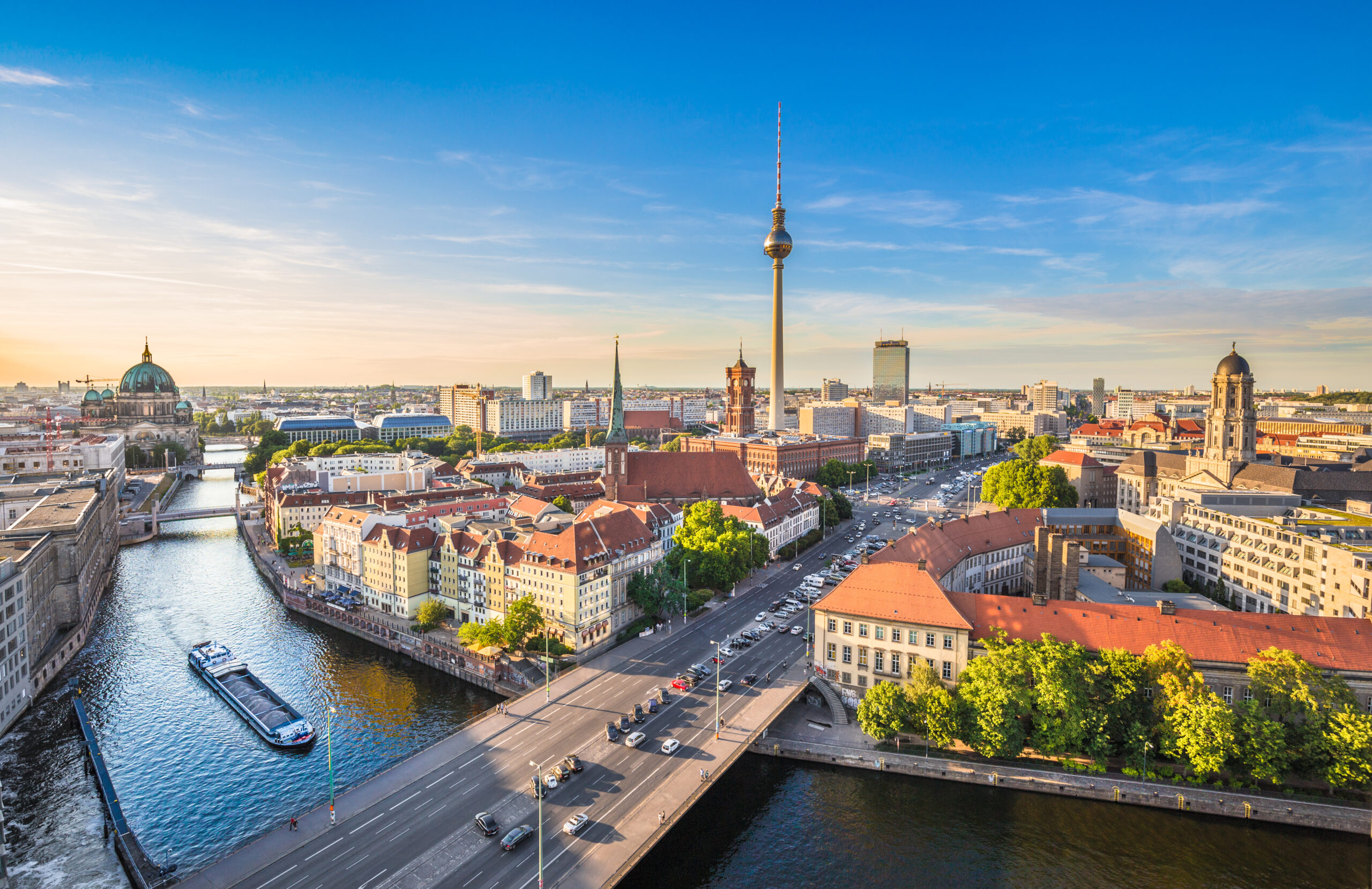 Berlin skyline with Spree river at sunset, Germany Berlin skyline with Spree river at sunset, Germany