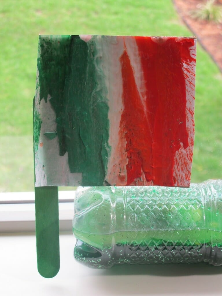 Irish flag an Irish flag made from melted crayons and a craft stick, as an example of St. Patrick's Day activities