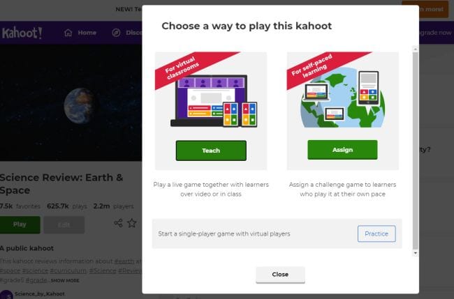 Kahoot Ideas Assign Screenshot showing Kahoot! screen to choose between playing a live game or assigning it for self-paced learning (Kahoot! Ideas)