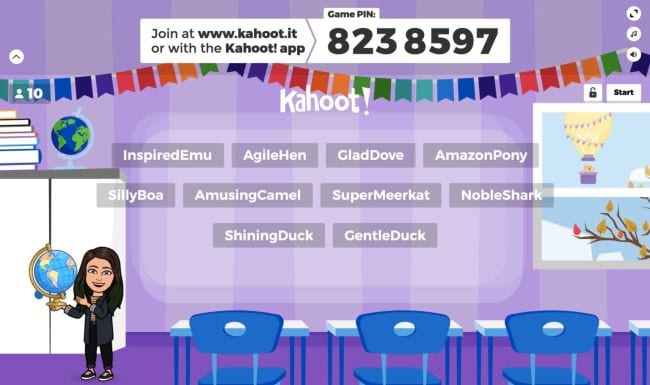Kahoot Ideas Bitmoji Screenshot of a Kahoot! game personalized with Bitmoji (Kahoot! Ideas)
