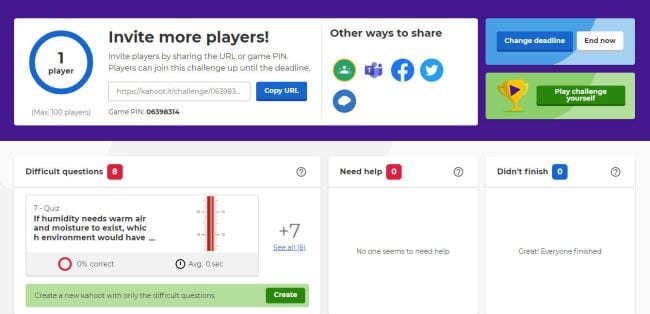 Kahoot Ideas Reports Kahoot! Reports page, showing difficult questions from a challenge