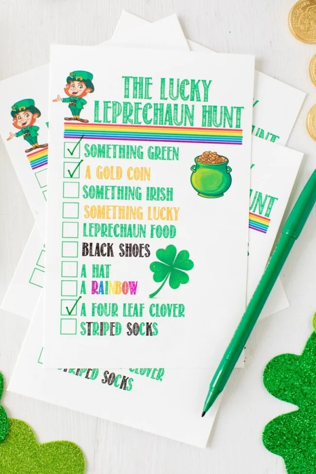 Lucky Leprechaun Scavenger hunt tally sheet for a St. Patrick's Day scavenger hunt, as an example of St. Patrick's Day activities