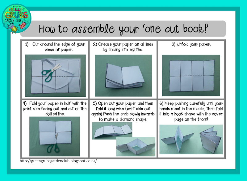 One cut booklet instruction sheet for how to assemble a tiny book