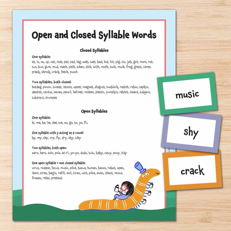 Open and Closed Syllable Word List 1 Printable word list and word cards featuring open and closed syllable words.