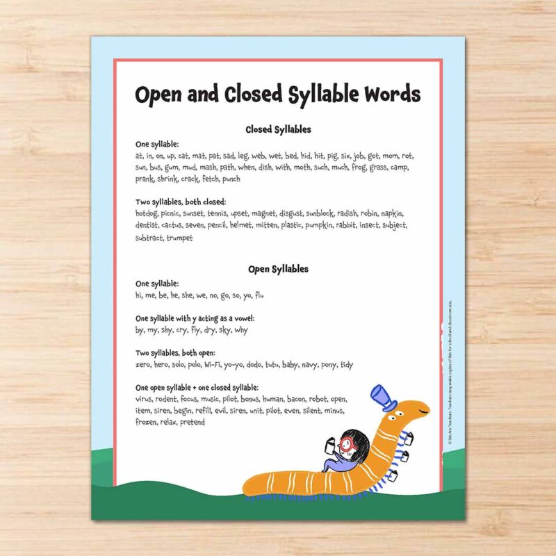 Open and Closed Syllable Word List Printable word list featuring open and closed syllable words.