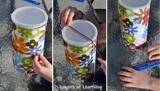 Pi Day Measuring Layers of Learning A trio of pictures showing a child measuring an oatmeal container