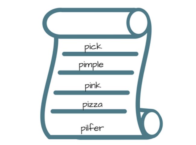 pi-day-words A drawing of a paper scroll with words starting with the letter p written on it