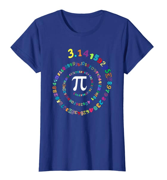 Pi Shirt A purple t-shirt with a pi symbol in the center and the digits of pi circled around