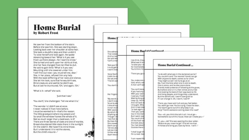 Robert Frost Poems Home Burial Printable pages of Robert Frost Poems Home Burial on green background.