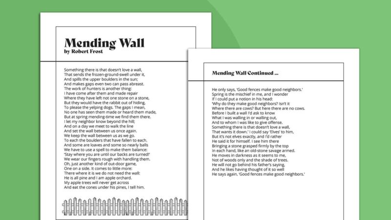 Robert Frost Poems Mending Wall Printable pages of Robert Frost Poems Mending Wall on green background.