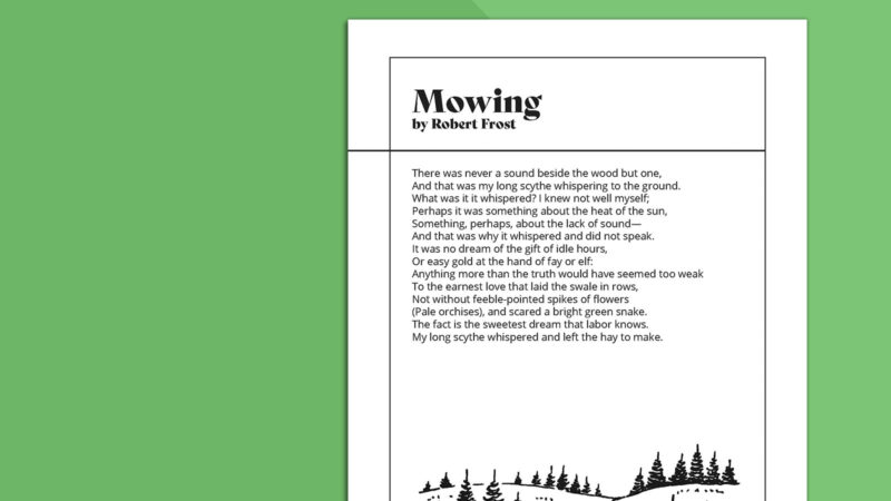 Robert Frost Poems Mowing Printable page of Robert Frost Poems Mowing on green background.