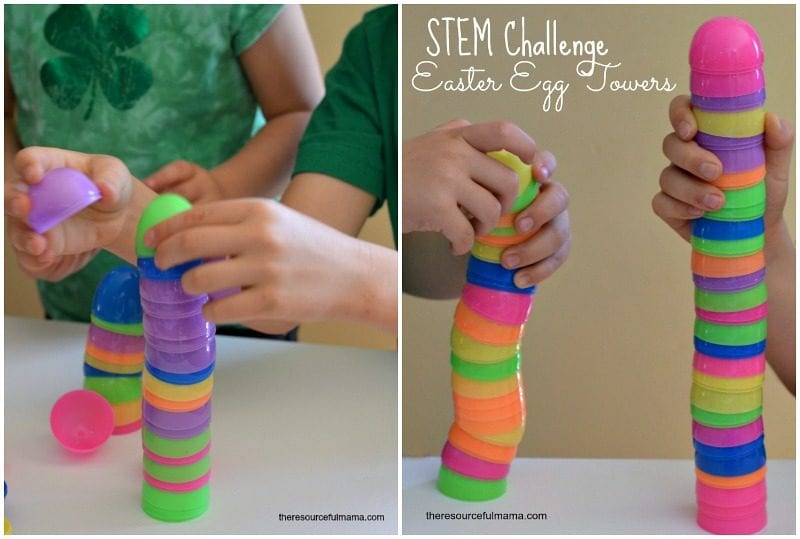 STEM-towers Students stacking plastic Easter egg halves into tall towers
