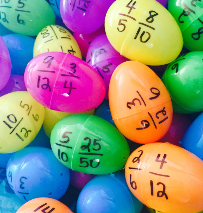 Screen Shot 2019-03-13 at 11.00.38 AM Easter eggs labeled with fractions on each half, matched up to form equivalent fractions (Easter Egg Activities)