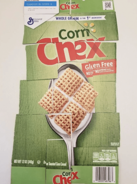 Chex box Cereal box cut up and re-organized