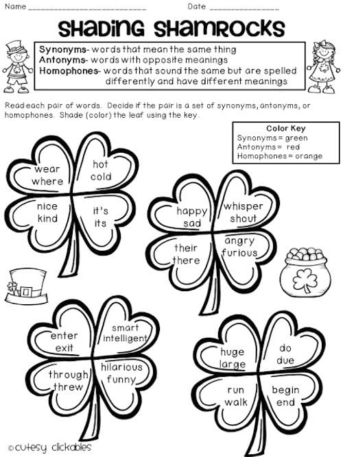 ShadingShamrocks language arts worksheet printed with shamrocks and word pairs on them