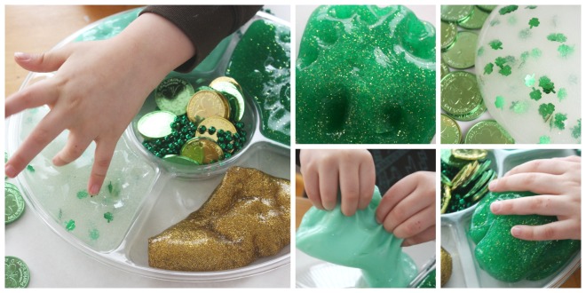 St-Patricks-Day-Slime-Activity-Tray-Leprechaun-Activity–660×330 Collage of kid hands playing with DIY slime, as an example of St. Patrick's Day activities