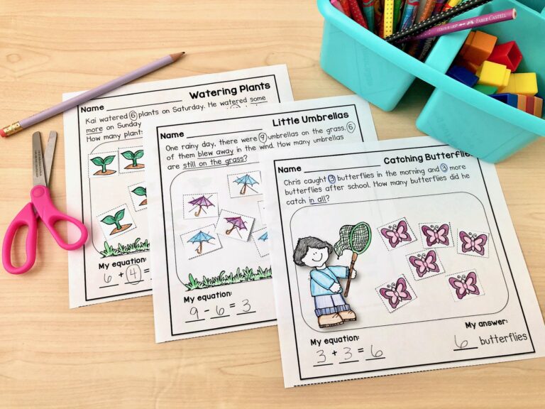 subtraction-word-problems Three math story problem worksheets laid out on a desk next to a pair of scissors and a pencil tub