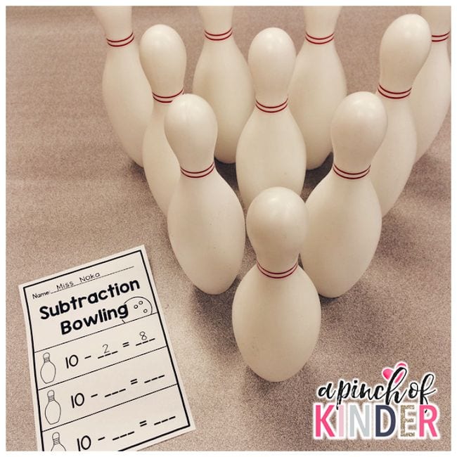 math-bowling A subtraction bowling worksheet in front of a set of bowling pins