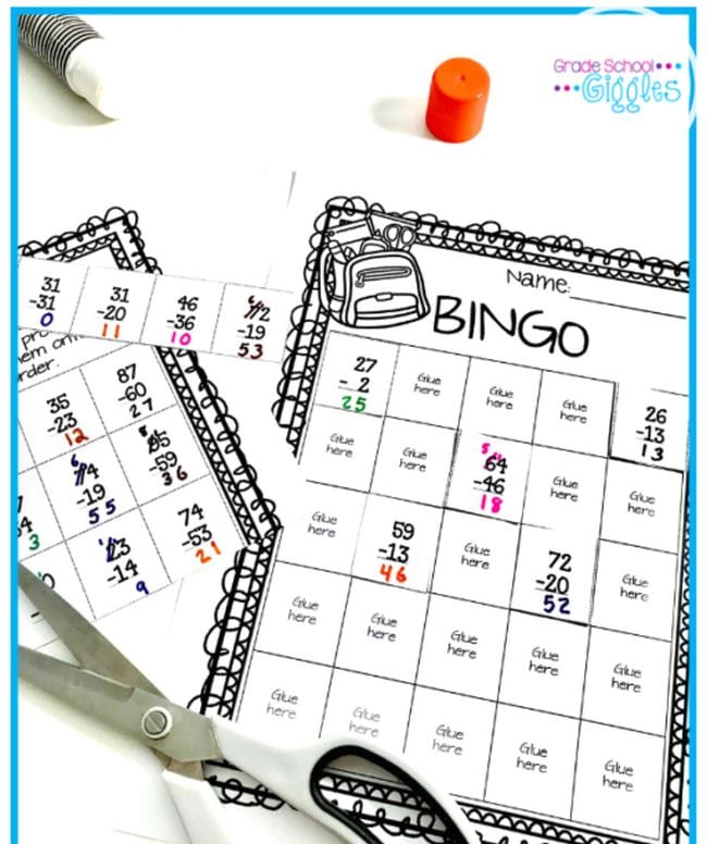 subtraction-bingo A bingo card with subtraction problems written in the squares