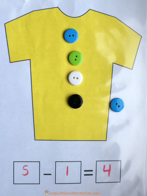 pete-the-cats-math-activity A colorful worksheet with a t-shirt and buttons as an example of fun subtraction activities