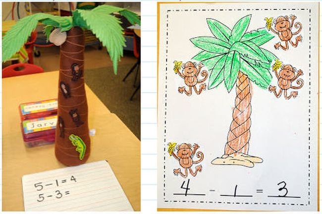 coconut-tree-math-activity A math worksheet with a coconut tree and monkeys on it next to a stuffed coconut tree on a desk