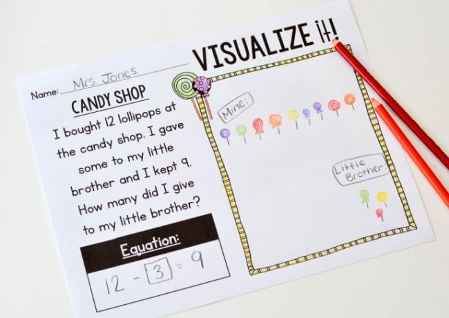 math-strategy-visualize A math worksheet with a story problem and space for using the visualize strategy
