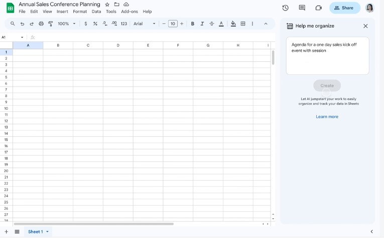 A screenshot of Duet AI being used to help create a template in Google slides.