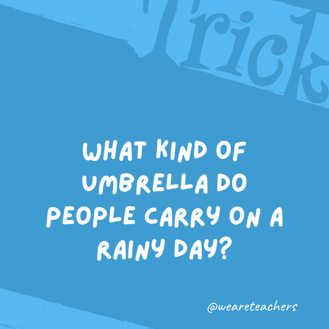 What kind of umbrella do people carry on a rainy day? A wet one. What kind of umbrella do people carry on a rainy day?
A wet one.