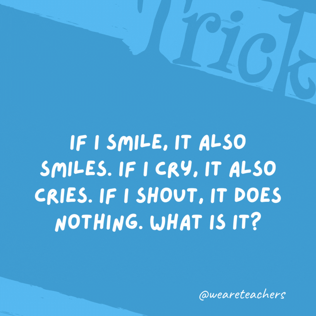 If I smile, it also smiles. If I cry, it also cries. If I shout, it does nothing. What is it? My reflection. If I smile, it also smiles. If I cry, it also cries. If I shout, it does nothing. What is it?
My reflection.
