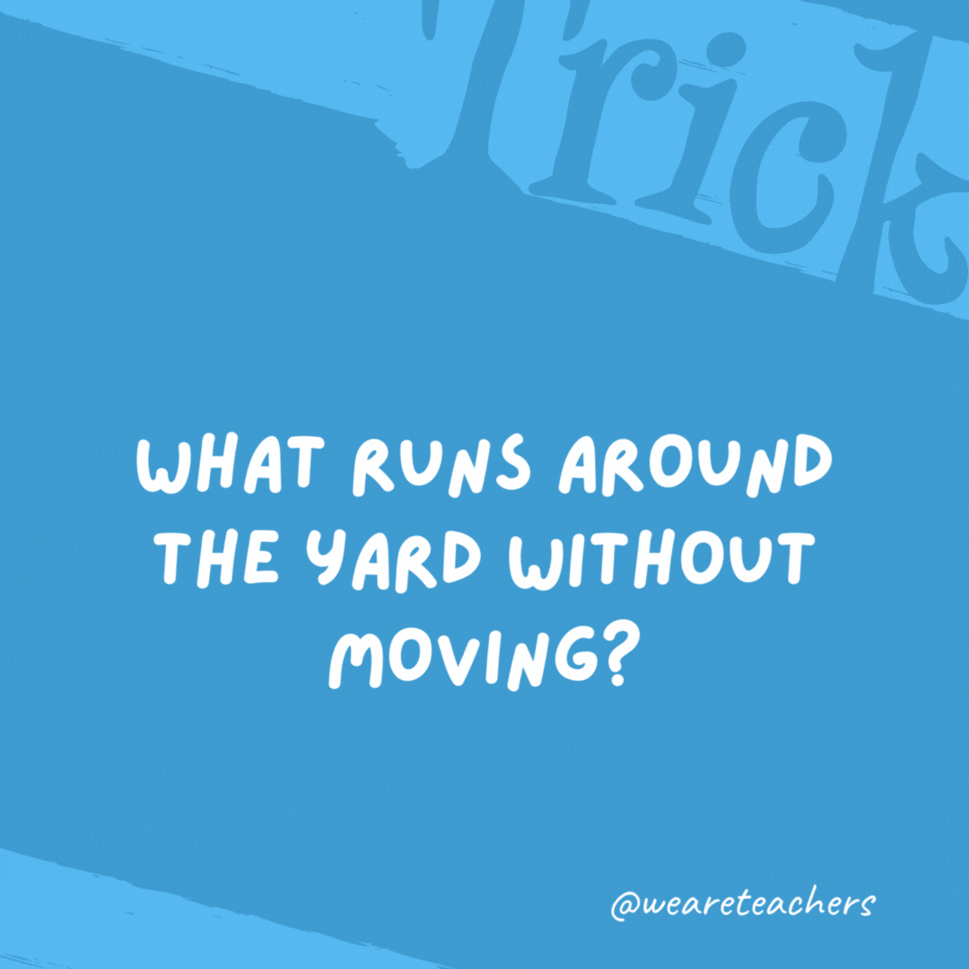 What runs around the yard without moving? A fence. What runs around the yard without moving?
A fence.