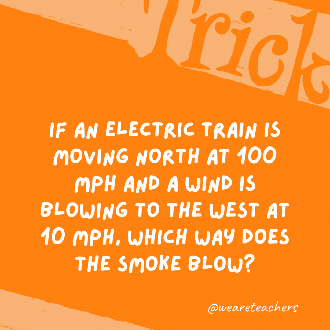 If an electric train is moving north at 100 mph and a wind is blowing to the west at 10 mph, which way does the smoke blow? An electric train has no smoke. If an electric train is moving north at 100 mph and a wind is blowing to the west at 10 mph, which way does the smoke blow?
An electric train has no smoke.