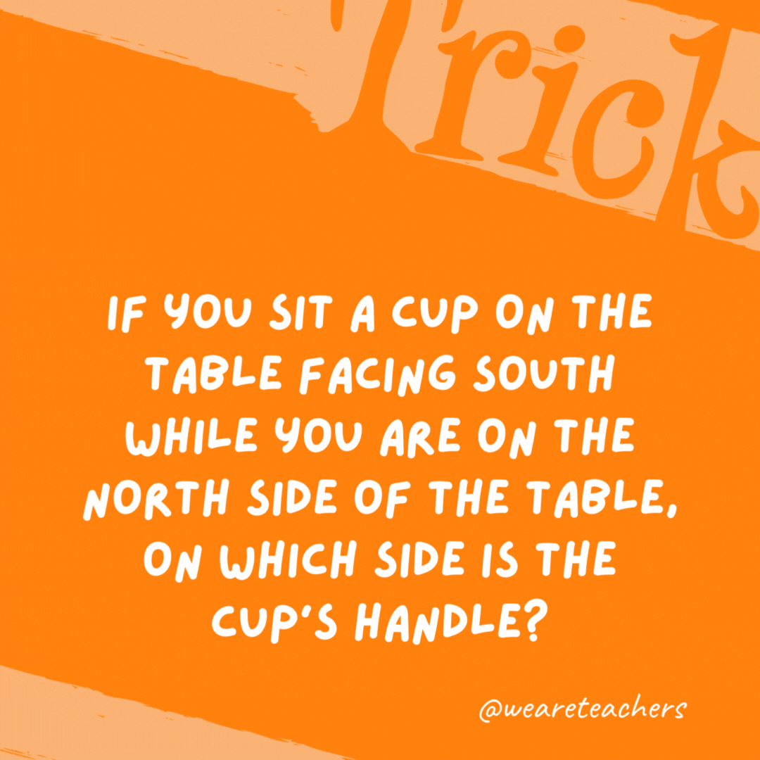 If you sit a cup on the table facing south while you are on the north side of the table, on which side is the cup’s handle? No matter which way the cup is turned, the handle is always on the outside. If you sit a cup on the table facing south while you are on the north side of the table, on which side is the cup’s handle?
No matter which way the cup is turned, the handle is always on the outside.