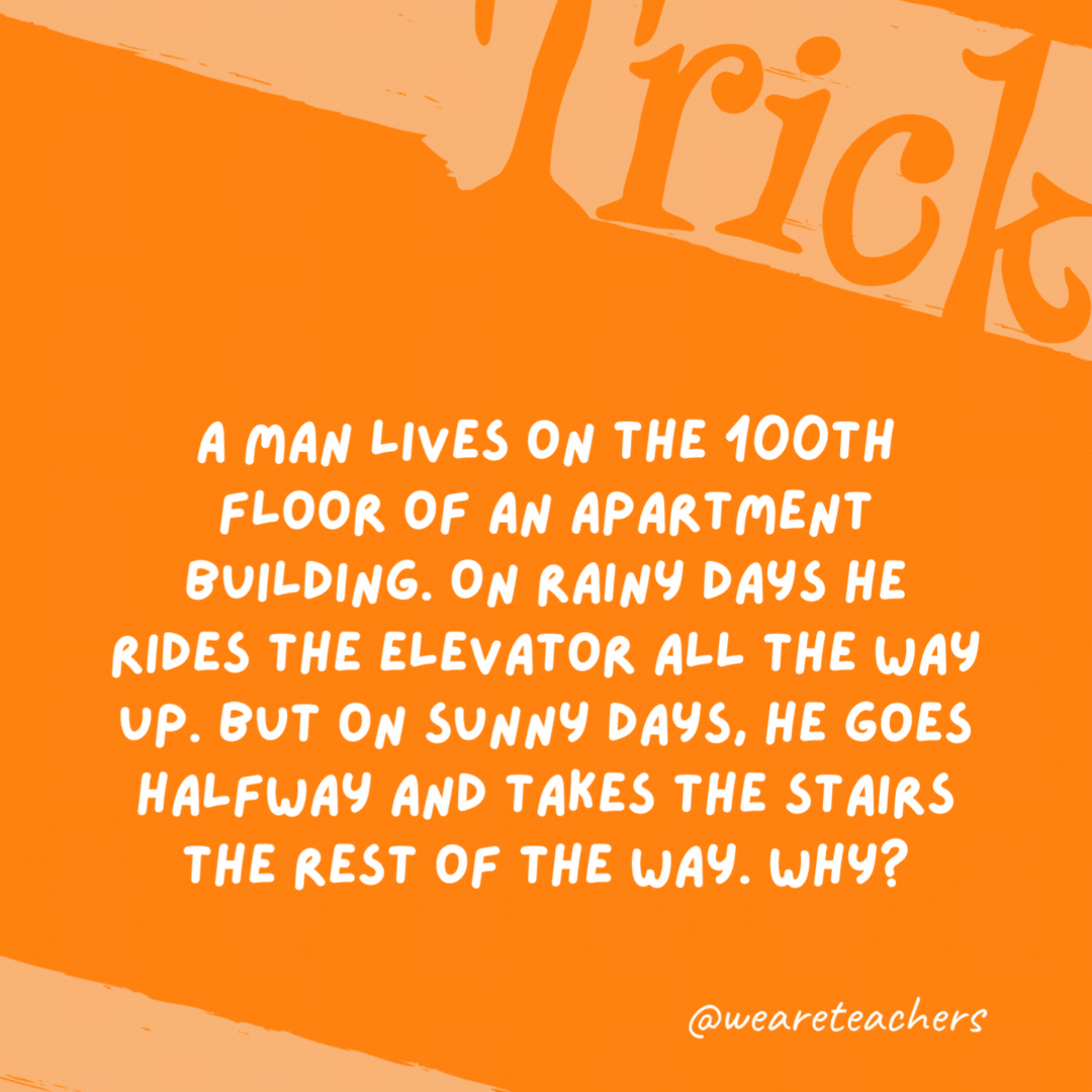 A man lives on the 100th floor of an apartment building. On rainy days he rides the elevator all the way up. But on sunny days, he goes halfway and takes the stairs the rest of the way. Why? The man is short and can only reach the button for the 50th floor on the elevator. On rainy days, he uses his umbrella handle to press the button. A man lives on the 100th floor of an apartment building. On rainy days he rides the elevator all the way up. But on sunny days, he goes halfway and takes the stairs the rest of the way. Why?
The man is short and can only reach the button for the 50th floor on the elevator. On rainy days, he uses his umbrella handle to press the button.