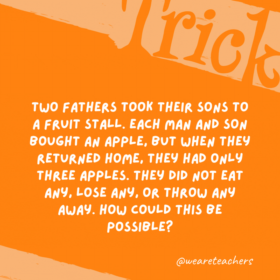 Two fathers took their sons to a fruit stall. Each man and son bought an apple, But when they returned home, they had only three apples. They did not eat any, lose any, or throw any away. How could this be possible? There were only three people—son, father, and grandfather. Two fathers took their sons to a fruit stall. Each man and son bought an apple, But when they returned home, they had only three apples. They did not eat any, lose any, or throw any away. How could this be possible? There were only three people—son, father, and grandfather.- trick questions