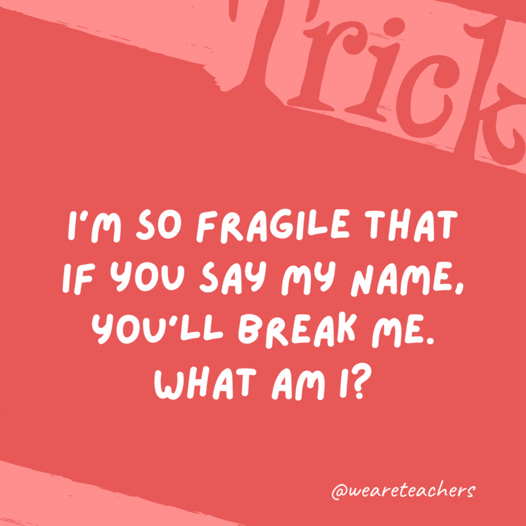 I’m so fragile that if you say my name, you’ll break me. What am I? Silence. I’m so fragile that if you say my name, you’ll break me. What am I? Silence.- trick questions