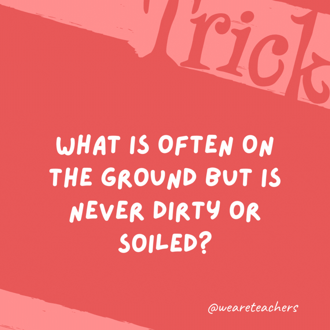 What is often on the ground but is never dirty or soiled? A shadow. What is often on the ground but is never dirty or soiled?
A shadow.