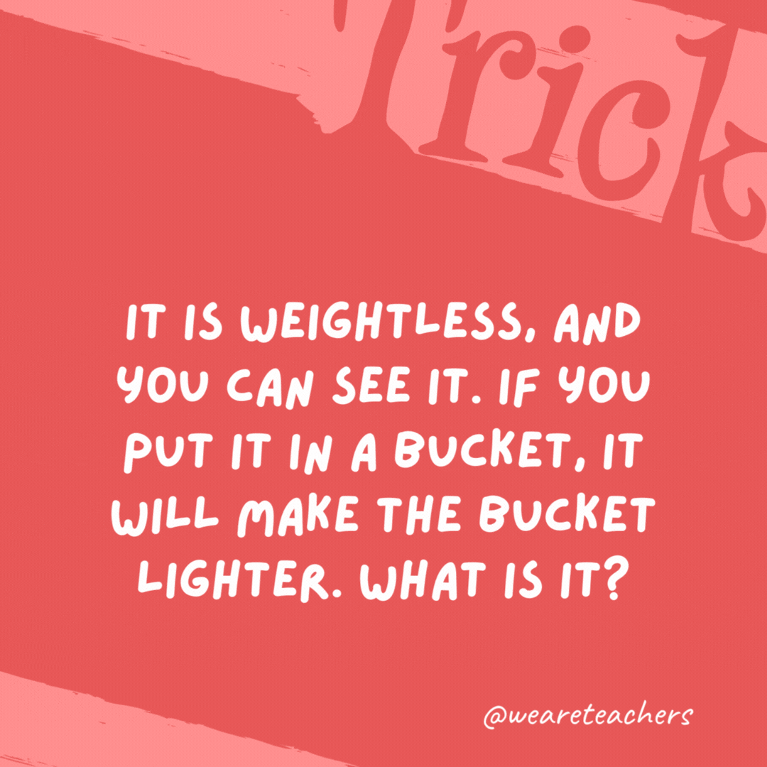 It is weightless, and you can see it. If you put it in a bucket, it will make the bucket lighter. What is it? A hole. It is weightless, and you can see it. If you put it in a bucket, it will make the bucket lighter. What is it?
A hole.