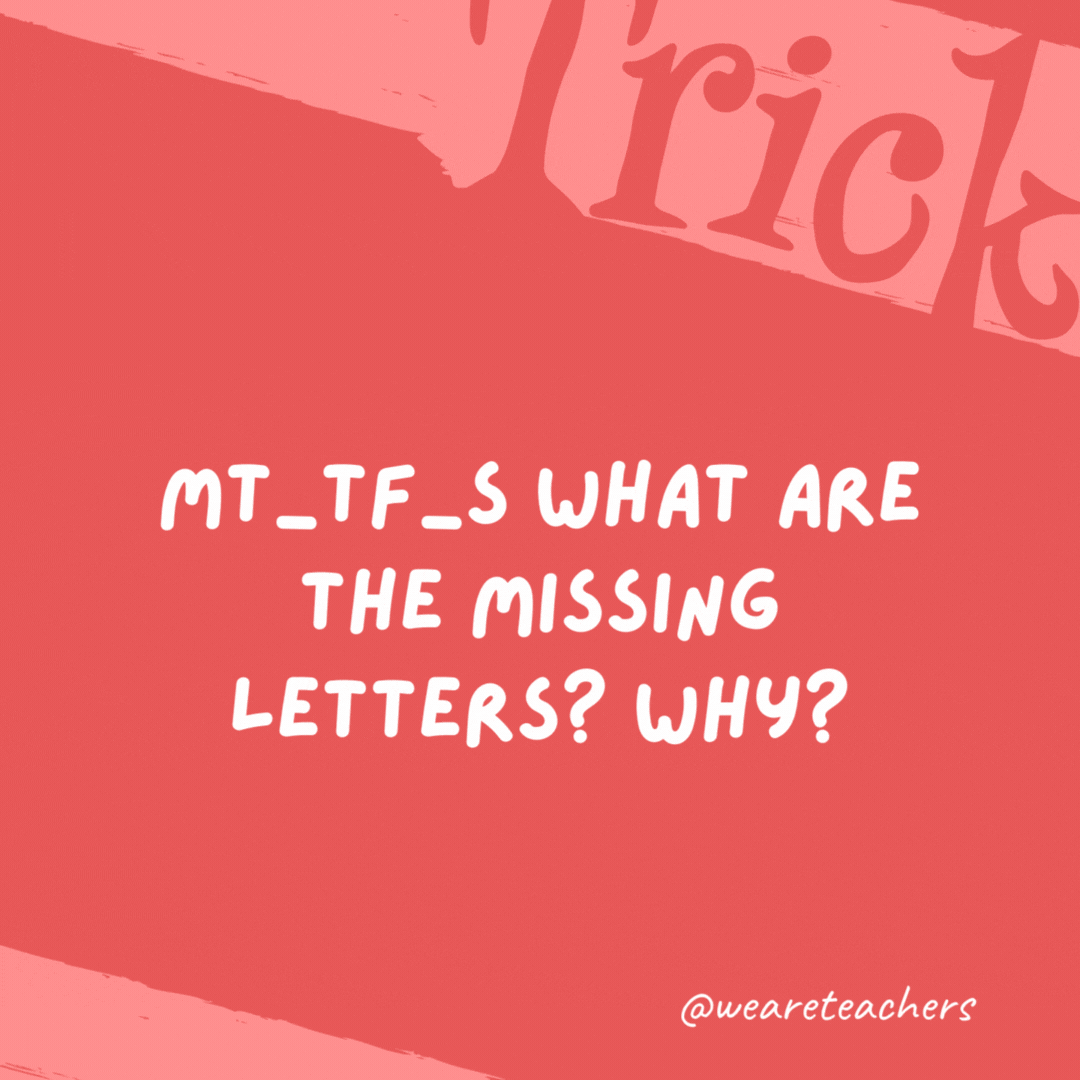 MT_TF_S What are the missing letters? Why? W and S for the days of the week. MT_TF_S What are the missing letters? Why?
W and S for the days of the week.