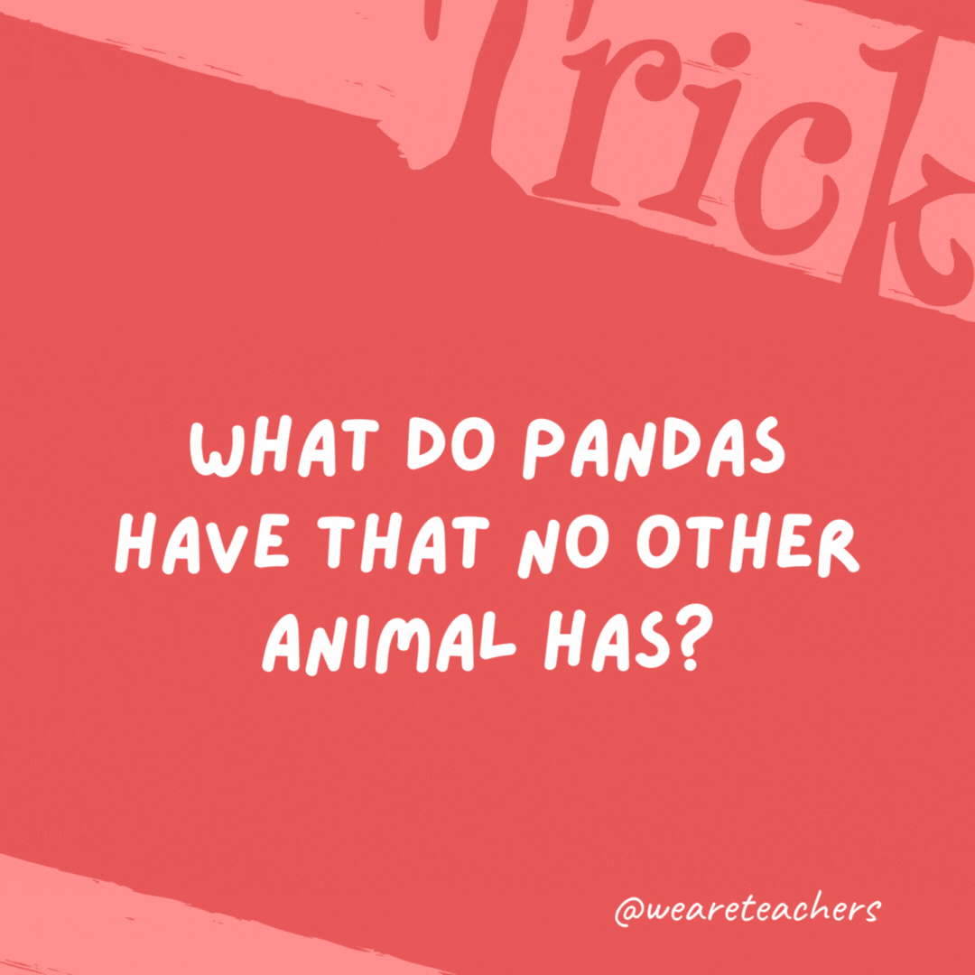 What do pandas have that no other animal has? Baby pandas. What do pandas have that no other animal has?
Baby pandas.