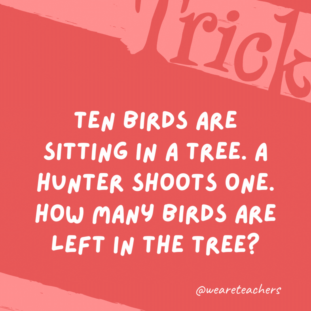 Ten birds are sitting in a tree. A hunter shoots one. How many birds are left in the tree? None. All the birds flew away. Ten birds are sitting in a tree. A hunter shoots one. How many birds are left in the tree?
None. All the birds flew away.