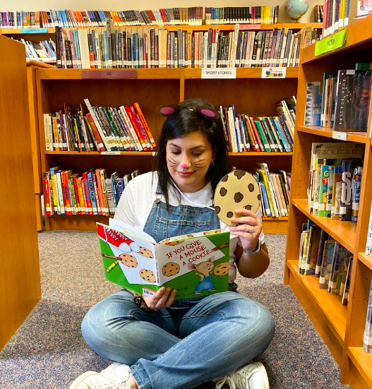 book-character-day A teacher dressed up as the main character from If You Give a Mouse a Cookie as an example of Read Across America activities